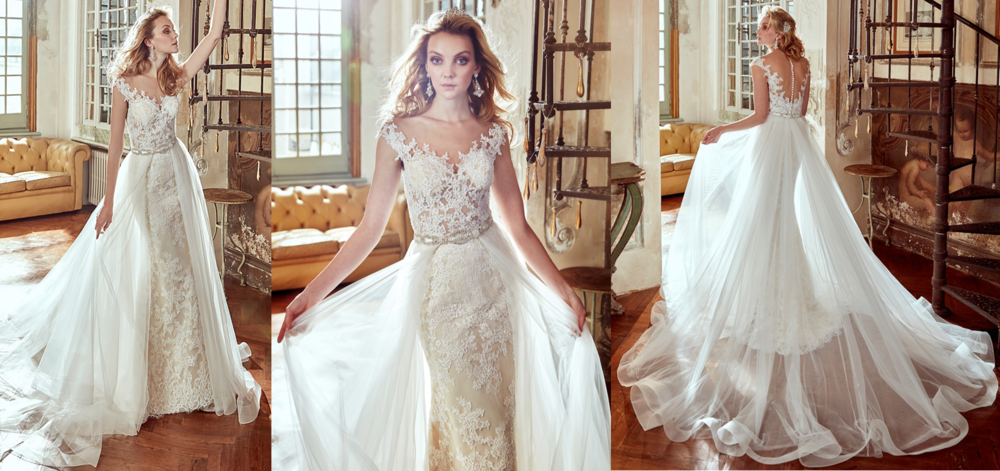 Nicole Spose 17116  A removable tulle train with a classic beaded belt on this gorgeous illusion neck fit-to-flare gown. Put these two together for a classic elegant look with a little glamour and sass!